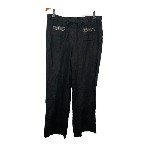 Style co Women's Medium Black Linen Elastic Waist Pants Rhinestone Pockets - Picture 1 of 7